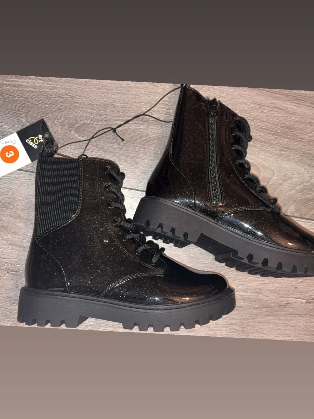 Art Class Girls Size 3 Black Glitter Lace Up Combat Boots New W Tags Rochelle